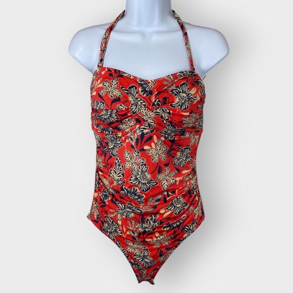 Garnet Hill Ruched Bandeau One Piece Swimsuit | 10 | Red Floral | UPF50 - Picture 1 of 9